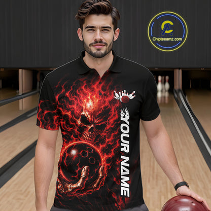 Custom Black And Red Flame Skull Halloween Bowling Team Men Polo Shirt, Bowling Jersey IPHW12003