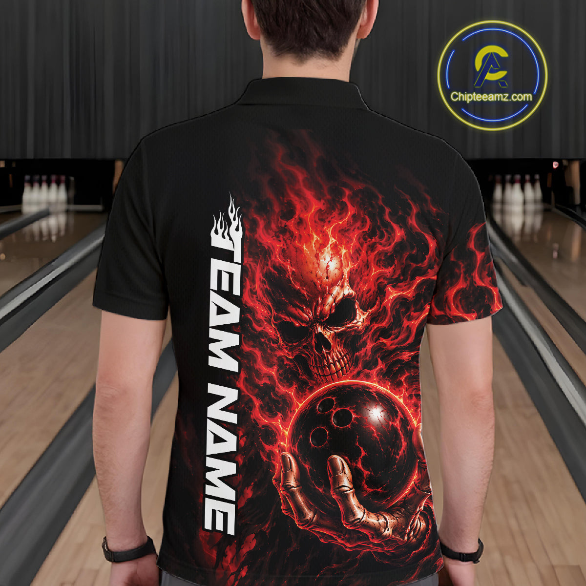 Custom Black And Red Flame Skull Halloween Bowling Team Men Polo Shirt, Bowling Jersey IPHW12003