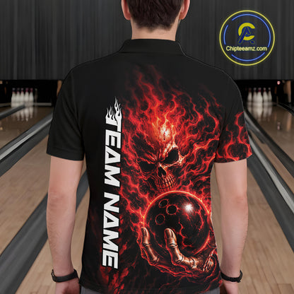 Custom Black And Red Flame Skull Halloween Bowling Team Men Polo Shirt, Bowling Jersey IPHW12003