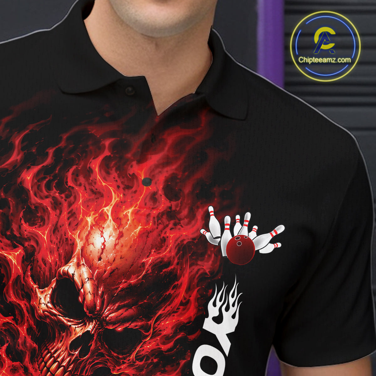 Custom Black And Red Flame Skull Halloween Bowling Team Men Polo Shirt, Bowling Jersey IPHW12003