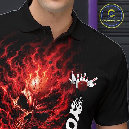 Custom Black And Red Flame Skull Halloween Bowling Team Men Polo Shirt, Bowling Jersey IPHW12003
