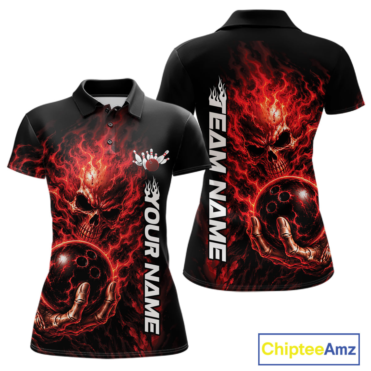 Custom Black And Red Flame Skull Halloween Bowling Team Women Polo Shirt, Bowling Jersey IPHW12003