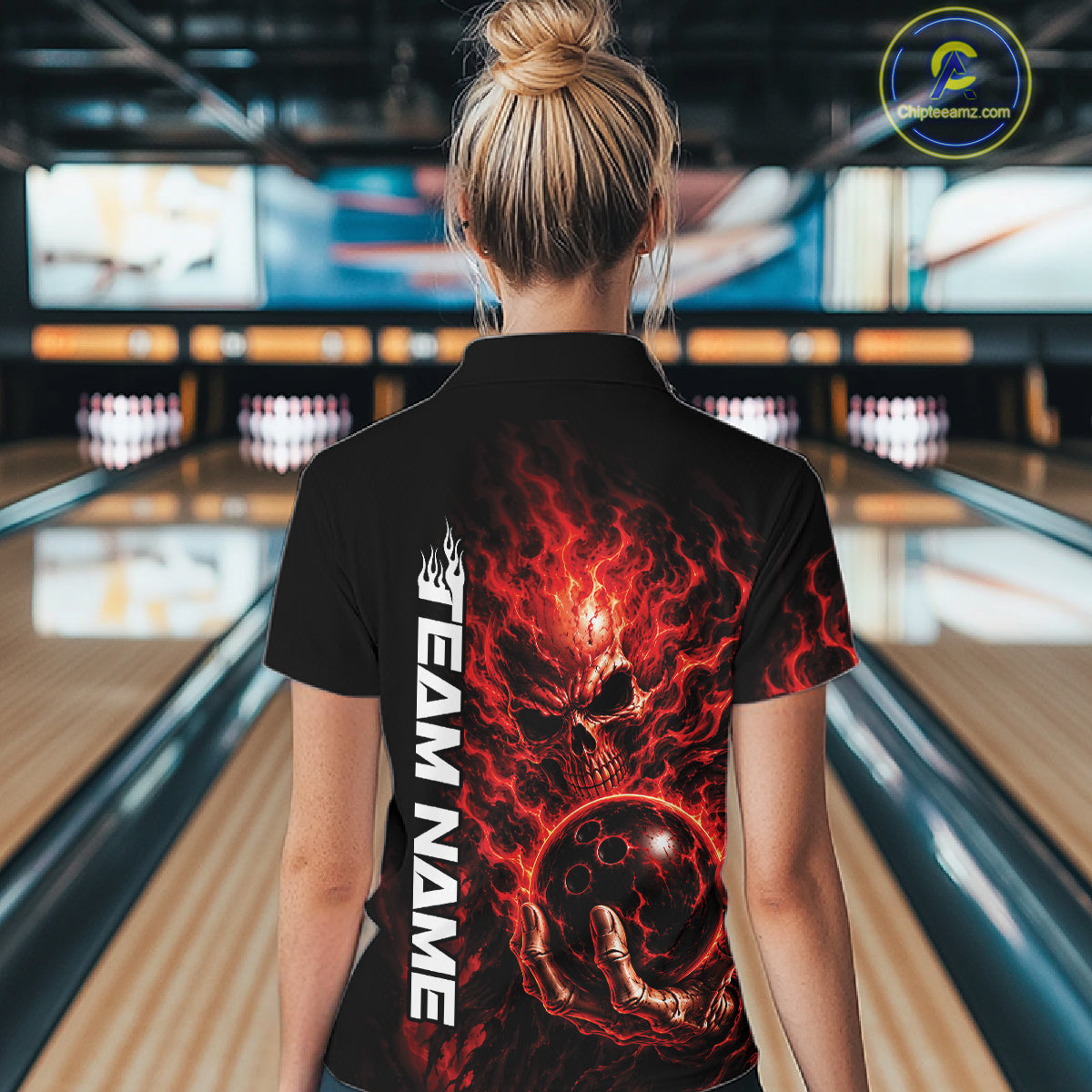 Custom Black And Red Flame Skull Halloween Bowling Team Women Polo Shirt, Bowling Jersey IPHW12003