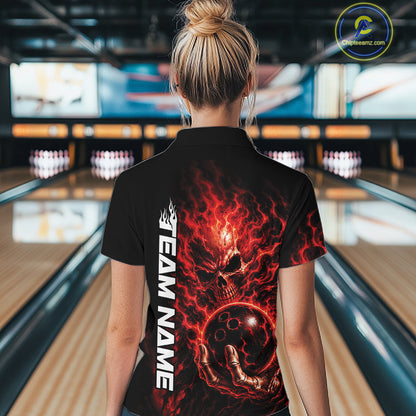 Custom Black And Red Flame Skull Halloween Bowling Team Women Polo Shirt, Bowling Jersey IPHW12003