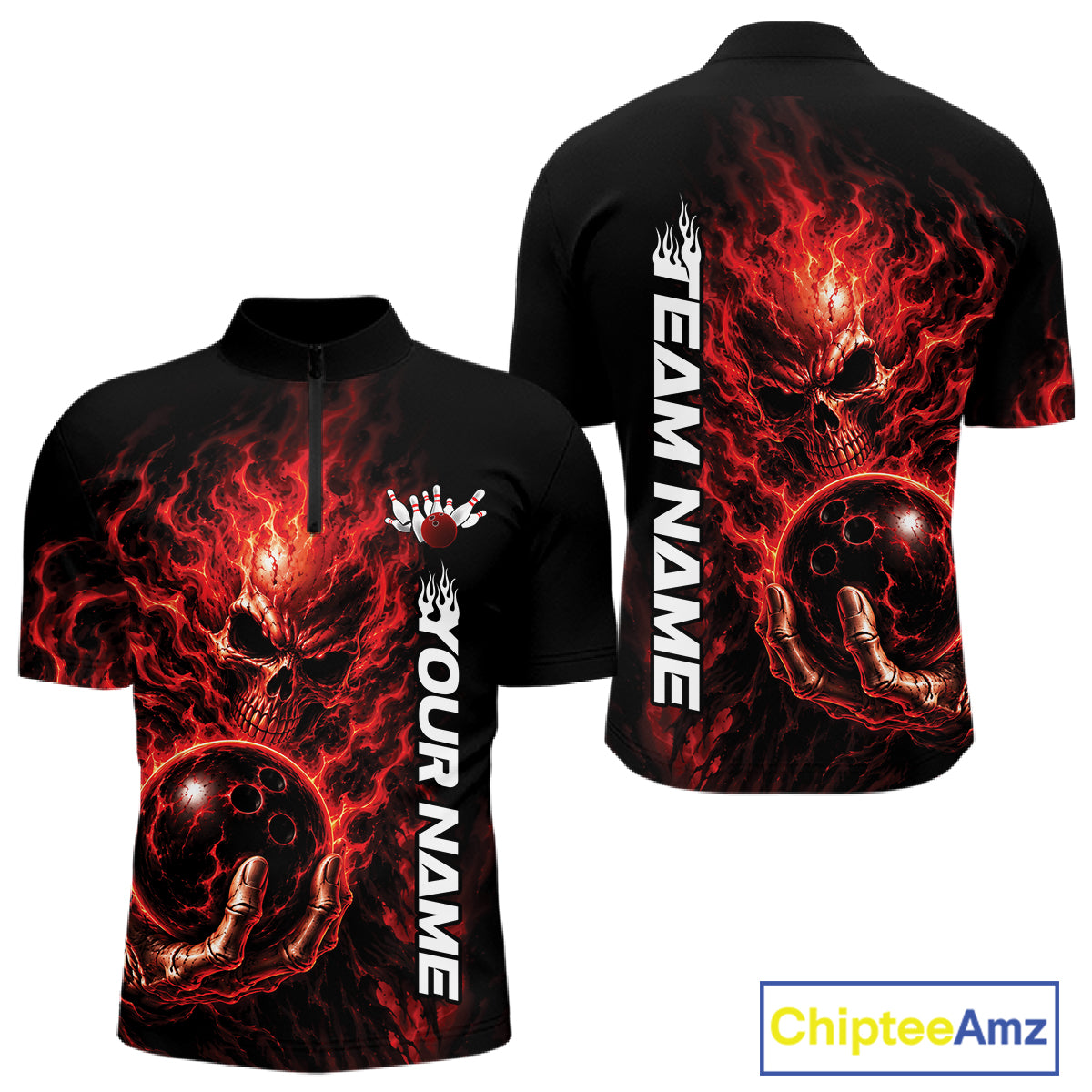 Custom Black And Red Flame Skull Halloween Bowling Team Men Quarter Zip Shirt, Bowling Jersey IPHW12003