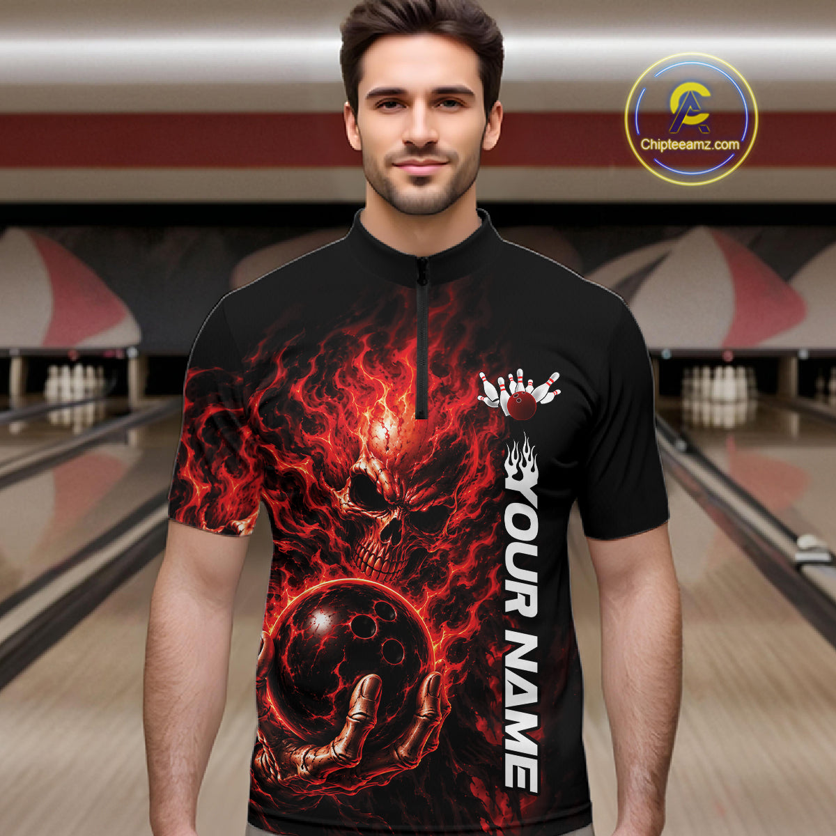Custom Black And Red Flame Skull Halloween Bowling Team Men Quarter Zip Shirt, Bowling Jersey IPHW12003