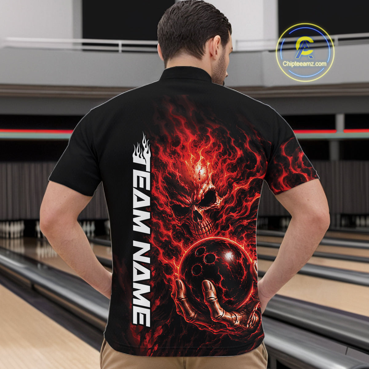 Custom Black And Red Flame Skull Halloween Bowling Team Men Quarter Zip Shirt, Bowling Jersey IPHW12003