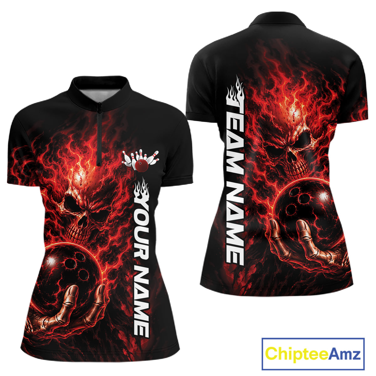 Custom Black And Red Flame Skull Halloween Bowling Team Women Quarter-Zip Shirt IPHW12003