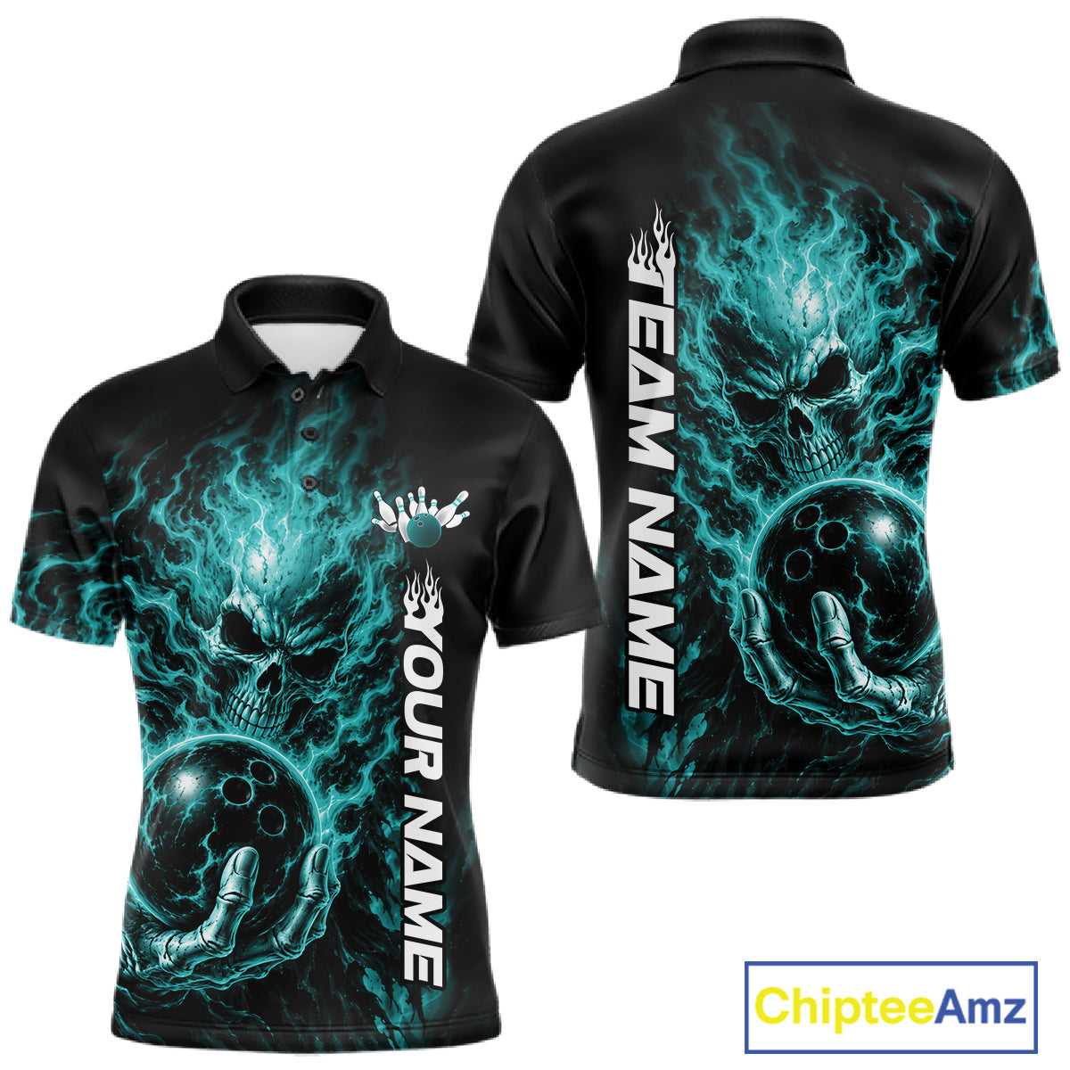 Custom Turquoise Blue Flame Skull Halloween Bowling Team Men Polo Shirt, Bowling Jersey IPHW12004