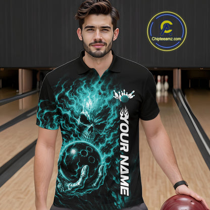 Custom Turquoise Blue Flame Skull Halloween Bowling Team Men Polo Shirt, Bowling Jersey IPHW12004