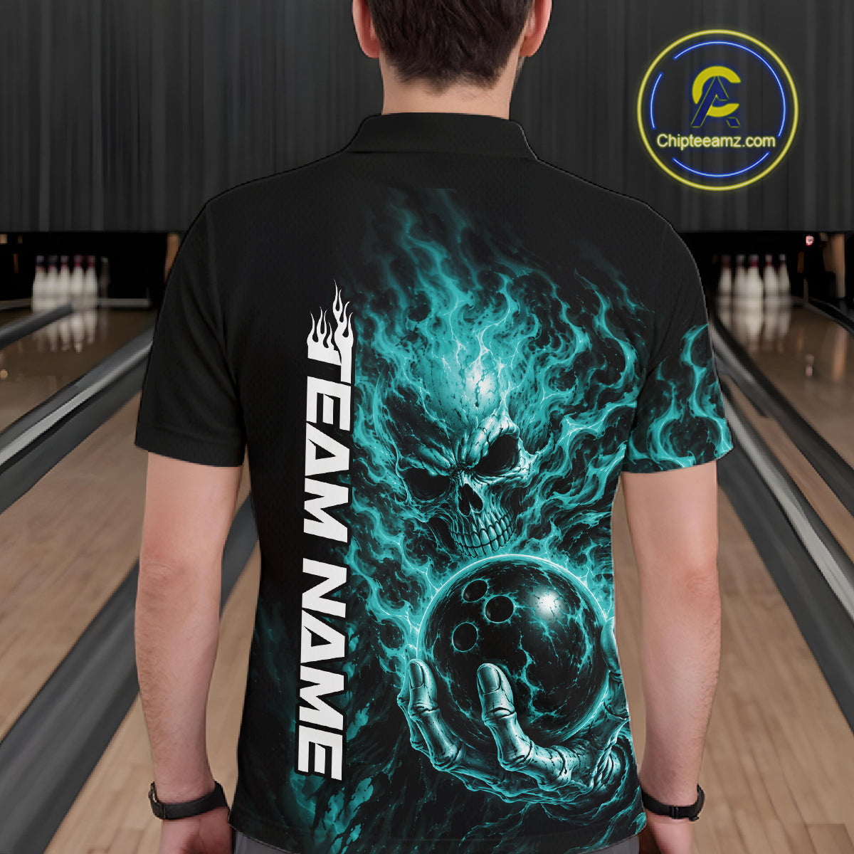 Custom Turquoise Blue Flame Skull Halloween Bowling Team Men Polo Shirt, Bowling Jersey IPHW12004