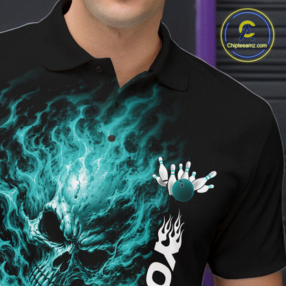 Custom Turquoise Blue Flame Skull Halloween Bowling Team Men Polo Shirt, Bowling Jersey IPHW12004
