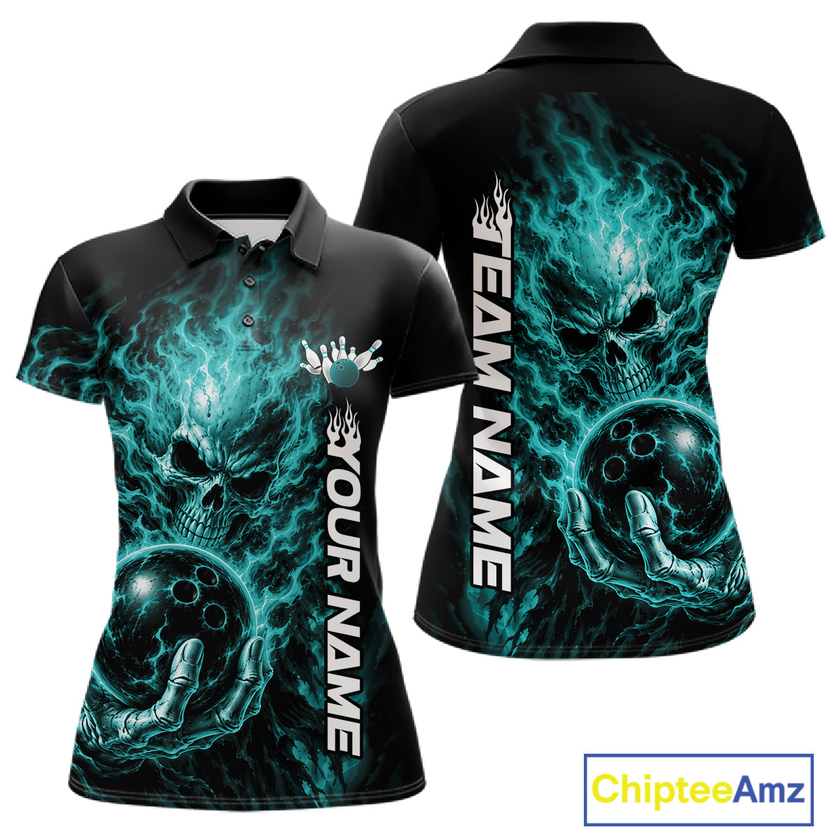 Custom Turquoise Blue Flame Skull Halloween Bowling Team Women Polo Shirt, Bowling Jersey IPHW12004
