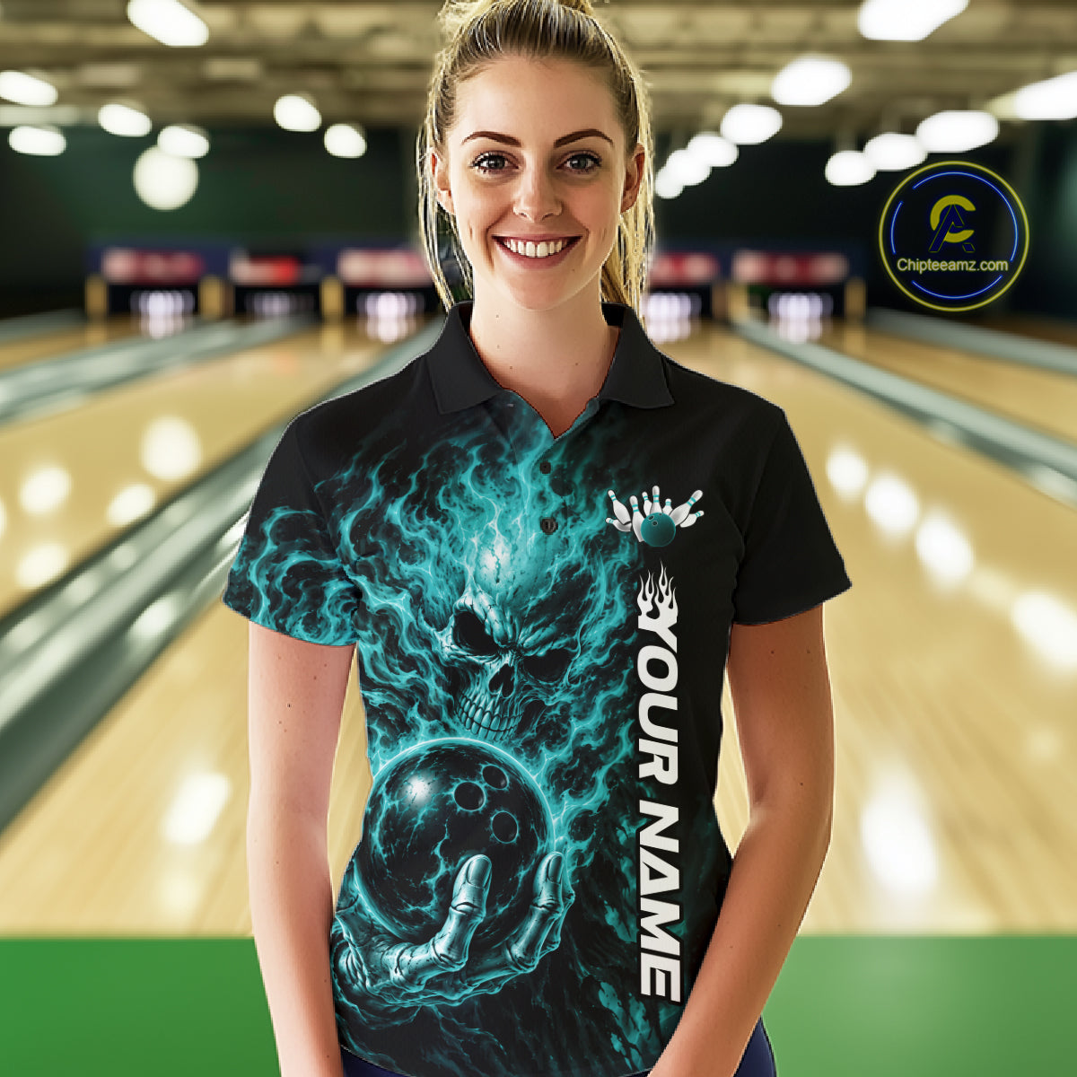 Custom Turquoise Blue Flame Skull Halloween Bowling Team Women Polo Shirt, Bowling Jersey IPHW12004
