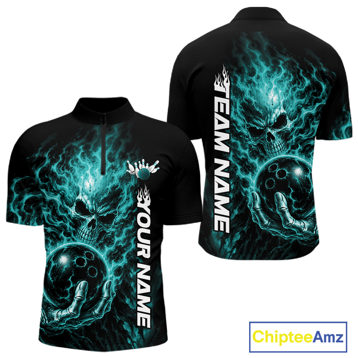 Custom Turquoise Blue Flame Skull Halloween Bowling Team Men Quarter Zip Shirt, Bowling Jersey IPHW12004