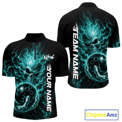 Custom Turquoise Blue Flame Skull Halloween Bowling Team Men Quarter Zip Shirt, Bowling Jersey IPHW12004