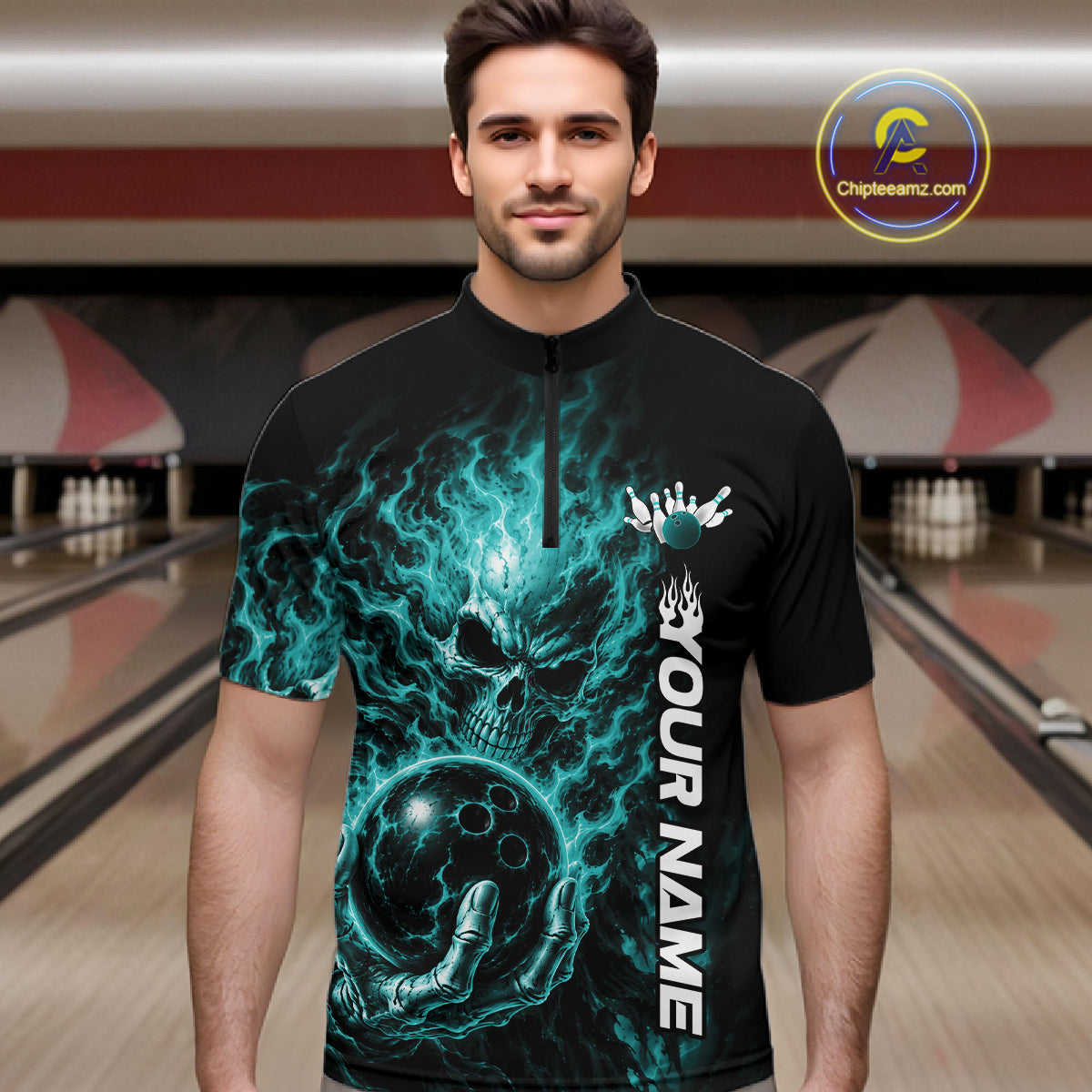 Custom Turquoise Blue Flame Skull Halloween Bowling Team Men Quarter Zip Shirt, Bowling Jersey IPHW12004