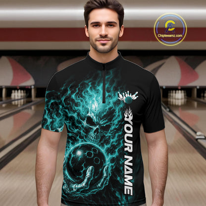 Custom Turquoise Blue Flame Skull Halloween Bowling Team Men Quarter Zip Shirt, Bowling Jersey IPHW12004
