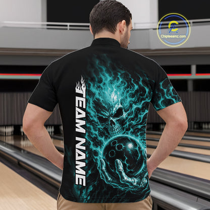 Custom Turquoise Blue Flame Skull Halloween Bowling Team Men Quarter Zip Shirt, Bowling Jersey IPHW12004