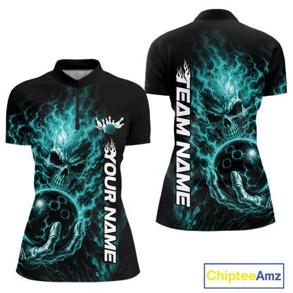 Custom Turquoise Blue Flame Skull Halloween Bowling Team Women Quarter-Zip Shirt IPHW12004