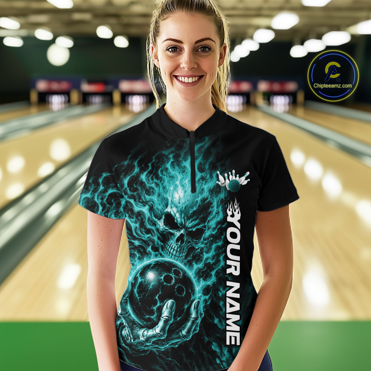 Custom Turquoise Blue Flame Skull Halloween Bowling Team Women Quarter-Zip Shirt IPHW12004