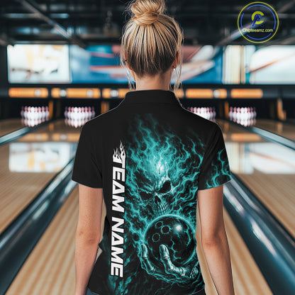 Custom Turquoise Blue Flame Skull Halloween Bowling Team Women Quarter-Zip Shirt IPHW12004