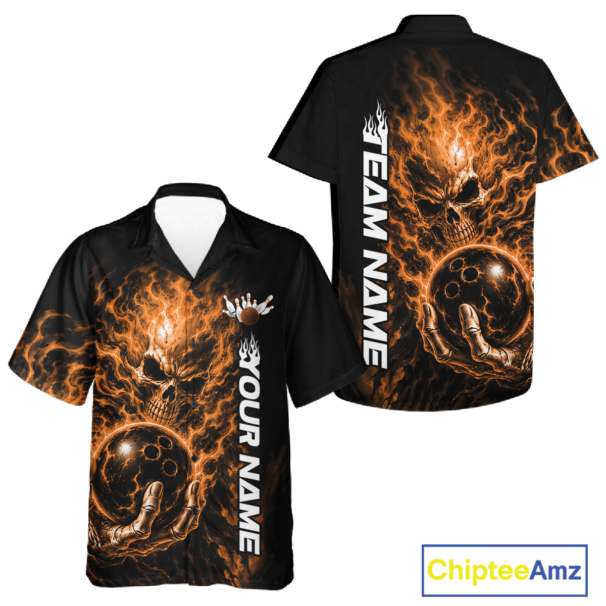 Custom Black And Orange Flame Skull Halloween Bowling Team Men And Women Button Up Shirt, Bowling Jersey IPHW12005