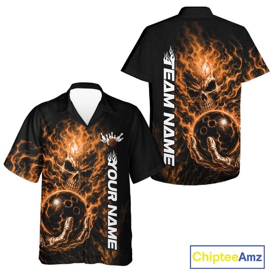 Custom Black And Orange Flame Skull Halloween Bowling Team Men And Women Button Up Shirt, Bowling Jersey IPHW12005