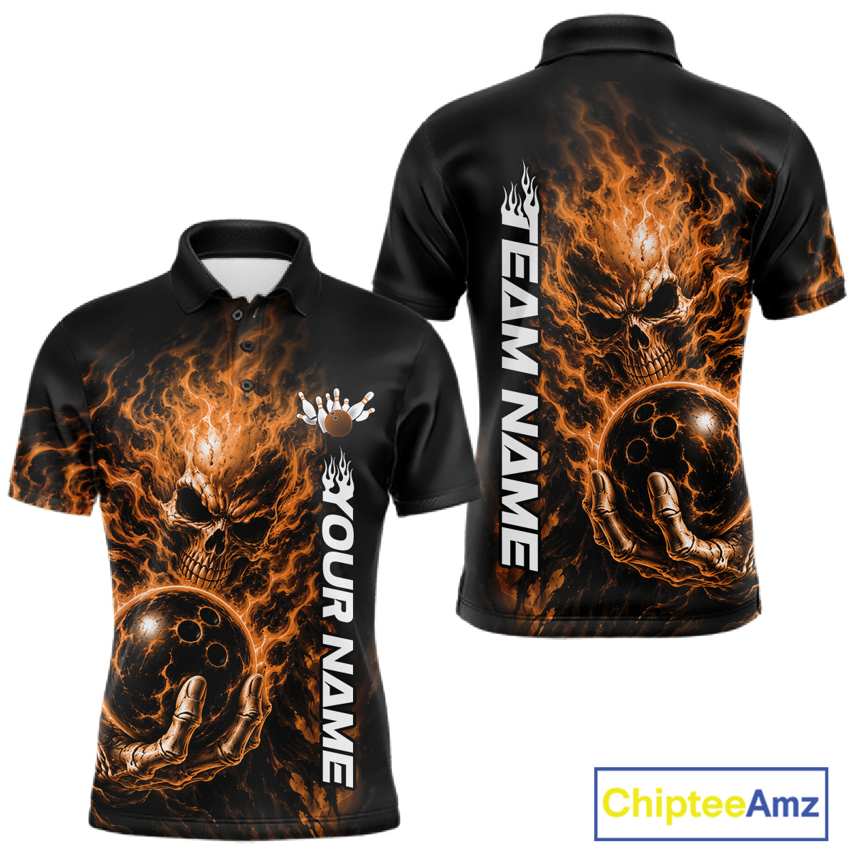 Custom Black And Orange Flame Skull Halloween Bowling Team Men Polo Shirt, Bowling Jersey IPHW12005
