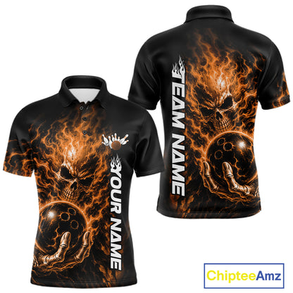Custom Black And Orange Flame Skull Halloween Bowling Team Men Polo Shirt, Bowling Jersey IPHW12005
