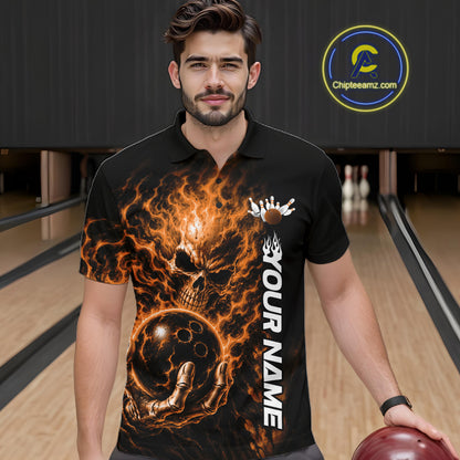 Custom Black And Orange Flame Skull Halloween Bowling Team Men Polo Shirt, Bowling Jersey IPHW12005