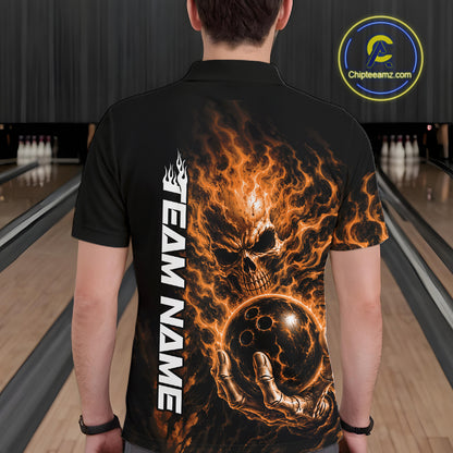 Custom Black And Orange Flame Skull Halloween Bowling Team Men Polo Shirt, Bowling Jersey IPHW12005