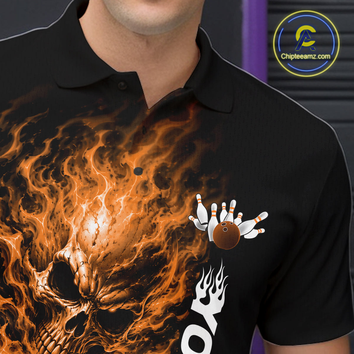 Custom Black And Orange Flame Skull Halloween Bowling Team Men Polo Shirt, Bowling Jersey IPHW12005