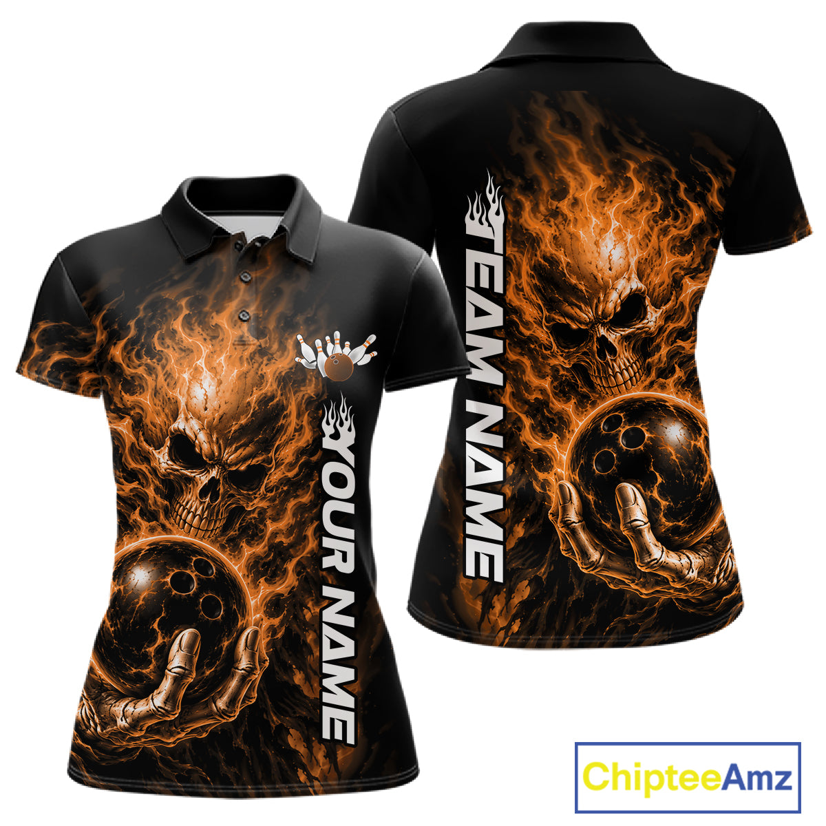 Custom Black And Orange Flame Skull Halloween Bowling Team Women Polo Shirt, Bowling Jersey IPHW12005