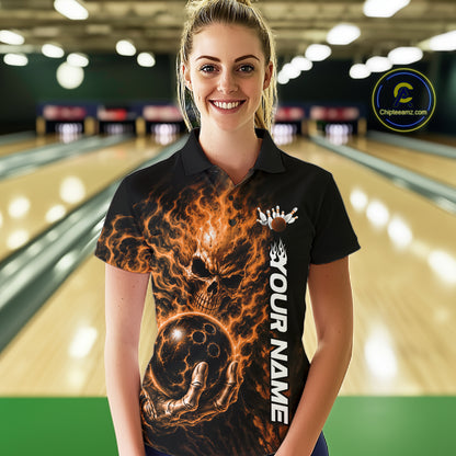 Custom Black And Orange Flame Skull Halloween Bowling Team Women Polo Shirt, Bowling Jersey IPHW12005