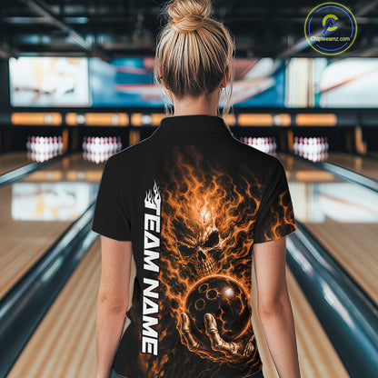 Custom Black And Orange Flame Skull Halloween Bowling Team Women Polo Shirt, Bowling Jersey IPHW12005