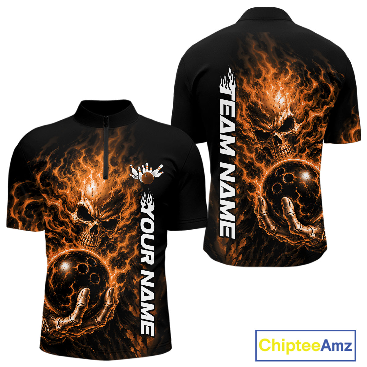 Custom Black And Orange Flame Skull Halloween Bowling Team Men Quarter Zip Shirt, Bowling Jersey IPHW12005