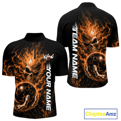 Custom Black And Orange Flame Skull Halloween Bowling Team Men Quarter Zip Shirt, Bowling Jersey IPHW12005