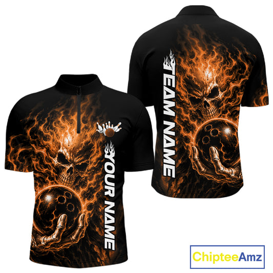 Custom Black And Orange Flame Skull Halloween Bowling Team Men Quarter Zip Shirt, Bowling Jersey IPHW12005