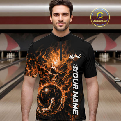 Custom Black And Orange Flame Skull Halloween Bowling Team Men Quarter Zip Shirt, Bowling Jersey IPHW12005