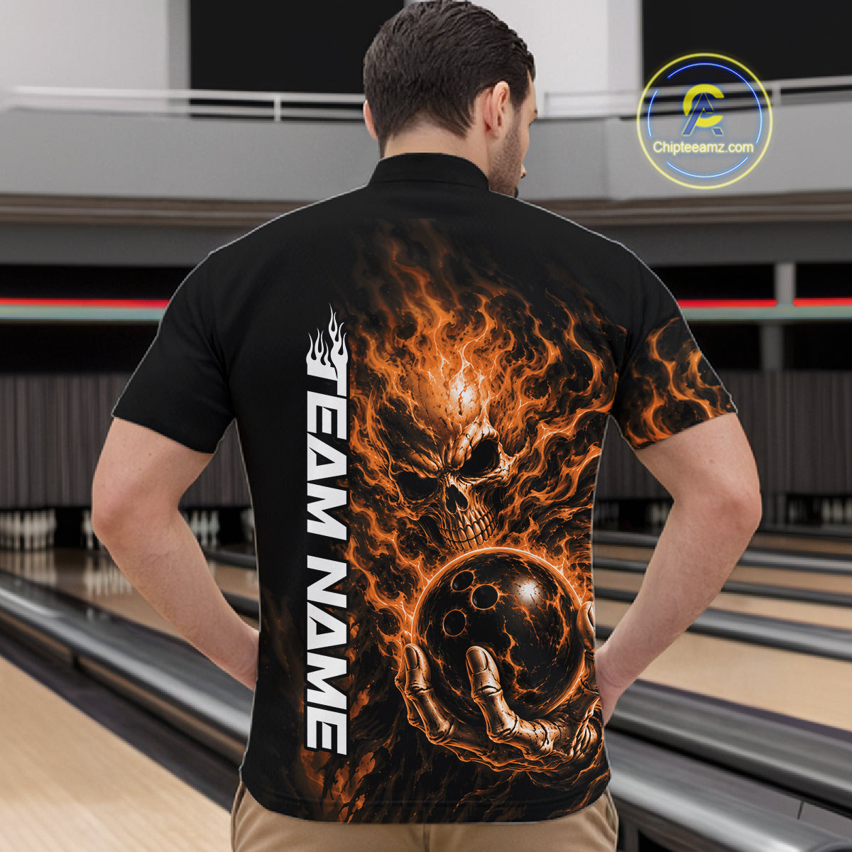 Custom Black And Orange Flame Skull Halloween Bowling Team Men Quarter Zip Shirt, Bowling Jersey IPHW12005