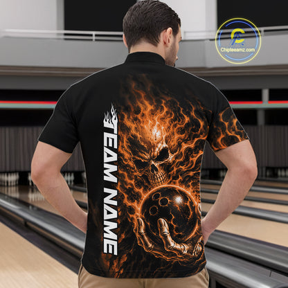 Custom Black And Orange Flame Skull Halloween Bowling Team Men Quarter Zip Shirt, Bowling Jersey IPHW12005