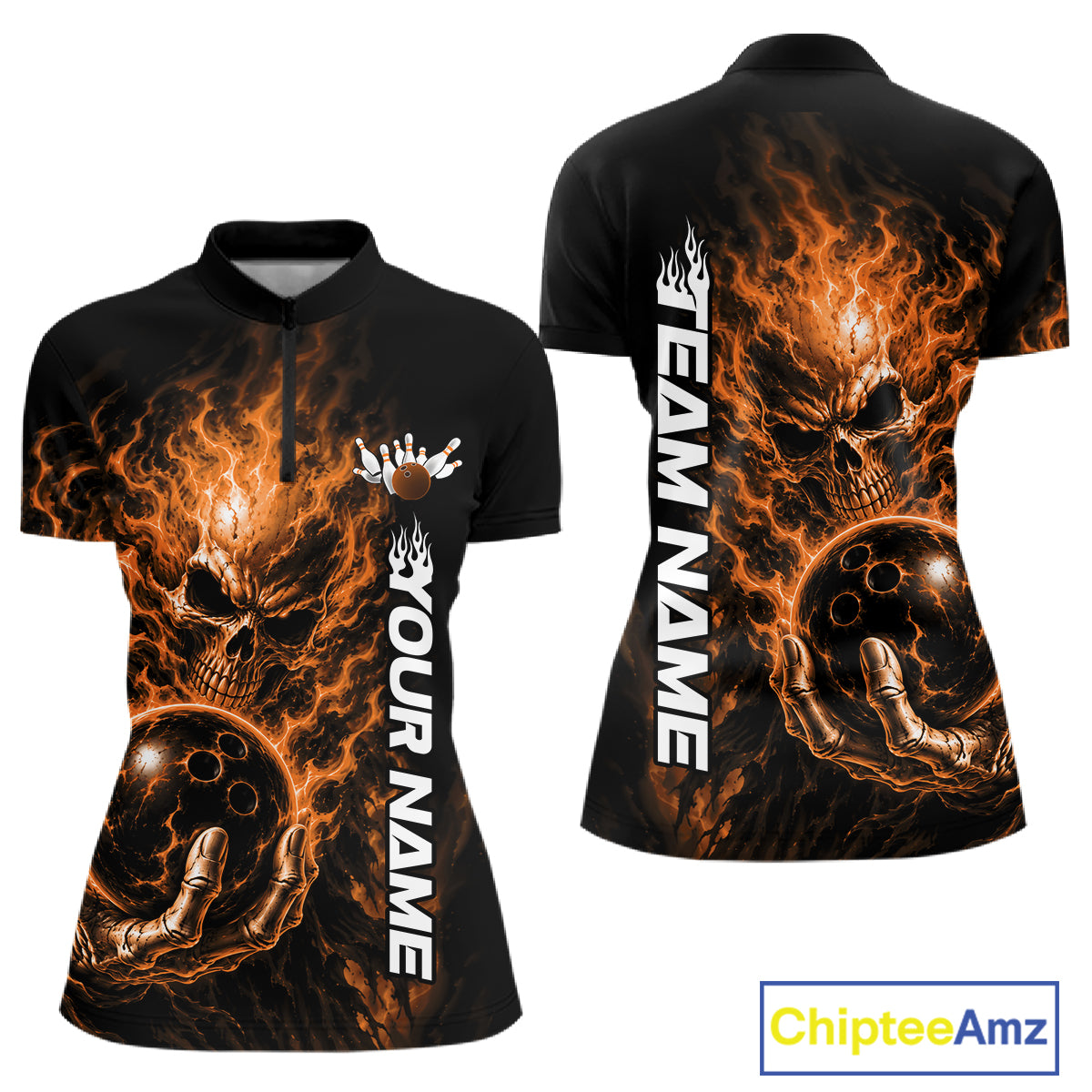 Custom Orange Flame Skull Halloween Bowling Team Women Quarter-Zip Shirt, Bowling Jersey IPHW12005