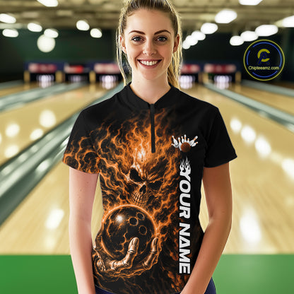 Custom Orange Flame Skull Halloween Bowling Team Women Quarter-Zip Shirt, Bowling Jersey IPHW12005
