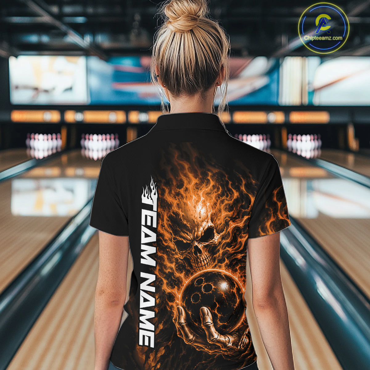 Custom Orange Flame Skull Halloween Bowling Team Women Quarter-Zip Shirt, Bowling Jersey IPHW12005