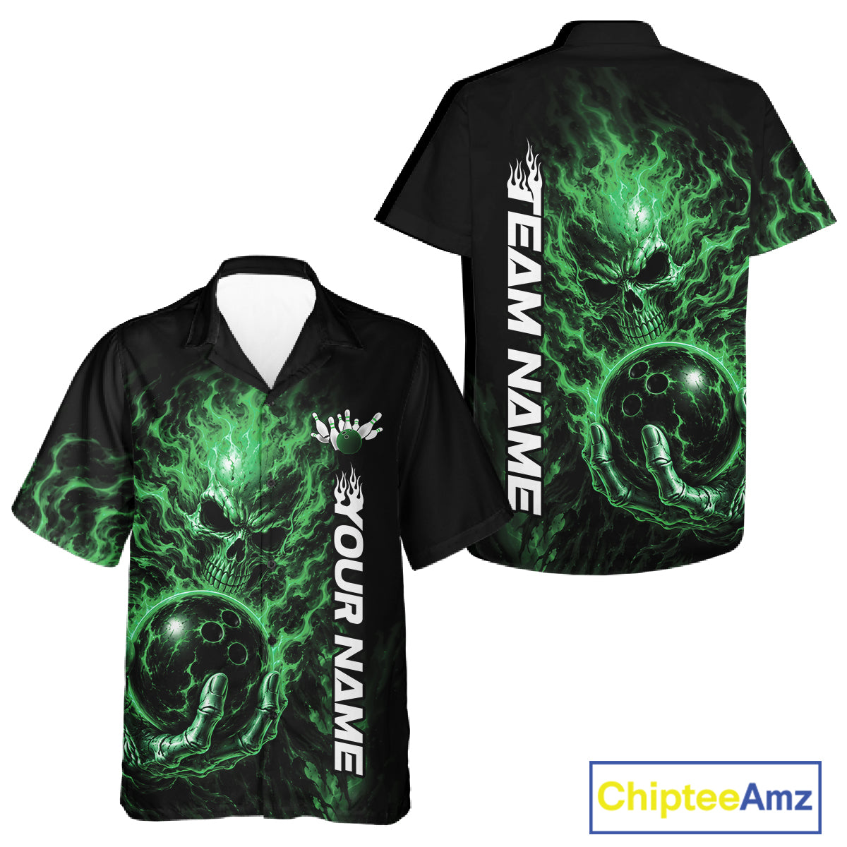 Custom Black And Green Flame Skull Halloween Bowling Team Men And Women Button Up Shirt, Bowling Jersey IPHW12006