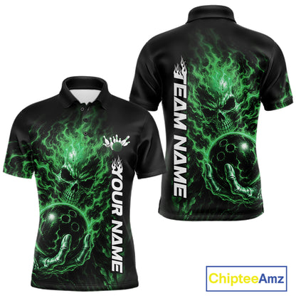 Custom Black And Green Flame Skull Halloween Bowling Team Men Polo Shirt, Bowling Jersey IPHW12006