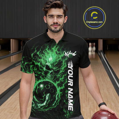 Custom Black And Green Flame Skull Halloween Bowling Team Men Polo Shirt, Bowling Jersey IPHW12006