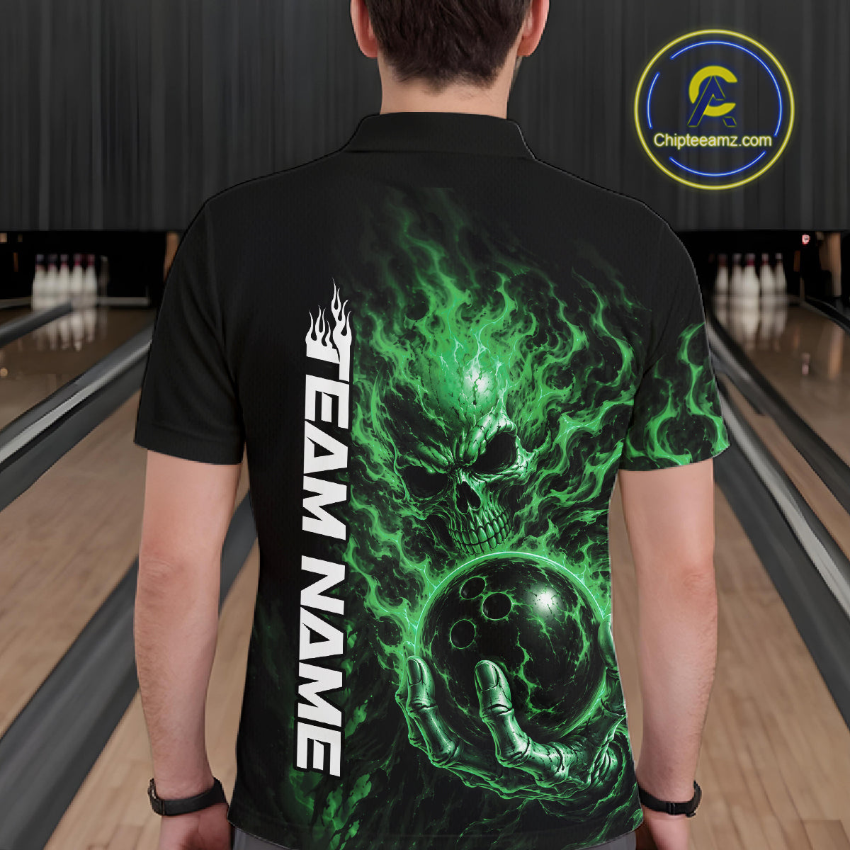 Custom Black And Green Flame Skull Halloween Bowling Team Men Polo Shirt, Bowling Jersey IPHW12006