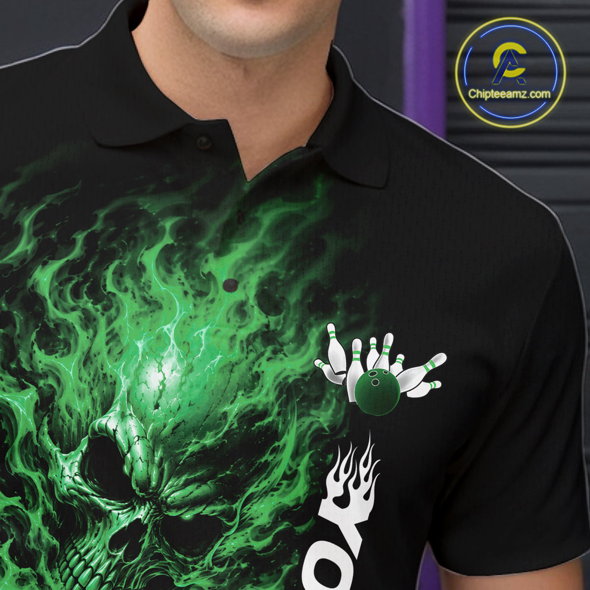 Custom Black And Green Flame Skull Halloween Bowling Team Men Polo Shirt, Bowling Jersey IPHW12006
